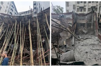 নির্মাণাধীন ছাত্র হলের ছাদ ধসে পড়েছে। ছবি: পতাকানিউজ
