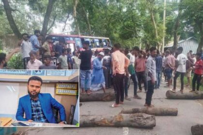 বাসের ধাক্কায় এলডিপি নেতা নিহতের পর গাছের গুঁড়ি ফেলে সড়ক অবরোধ করেন স্থানীয়রা